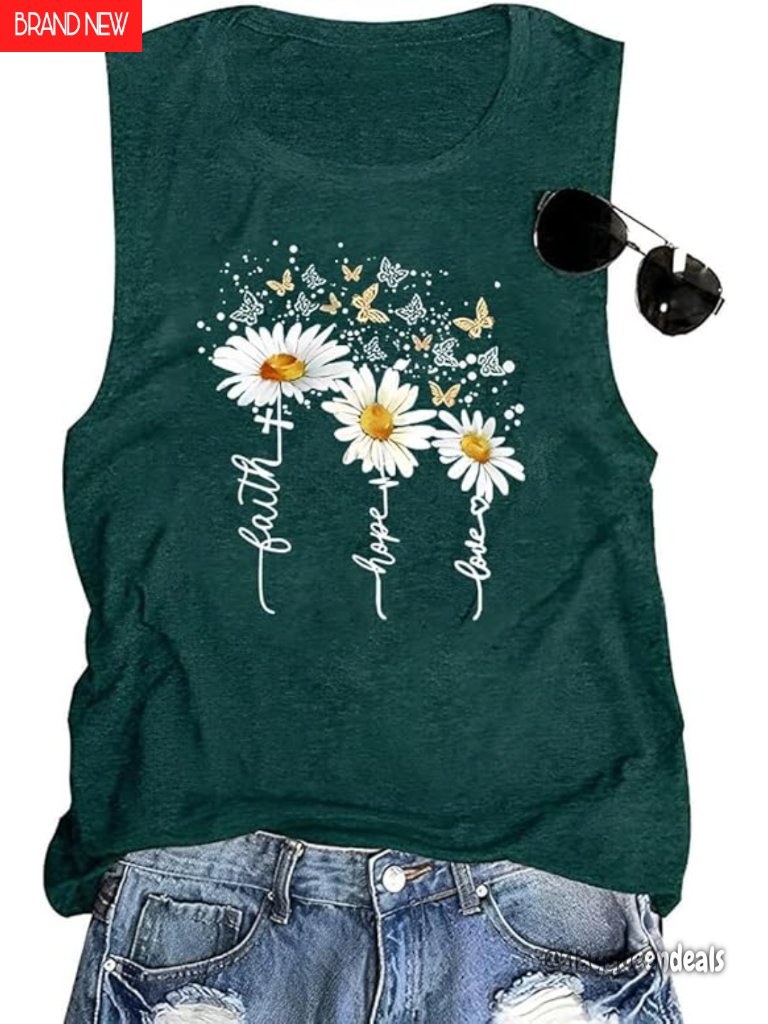 Floral Graphic Print Sleeveless Tank Top Women Cotton Blend Crewneck Tunic